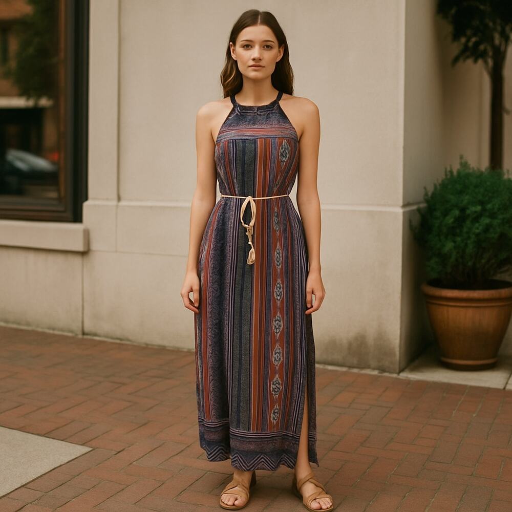 Tribal Print Maxi Dress Tie Waist Side Slit Semi Sheer Boho Festival